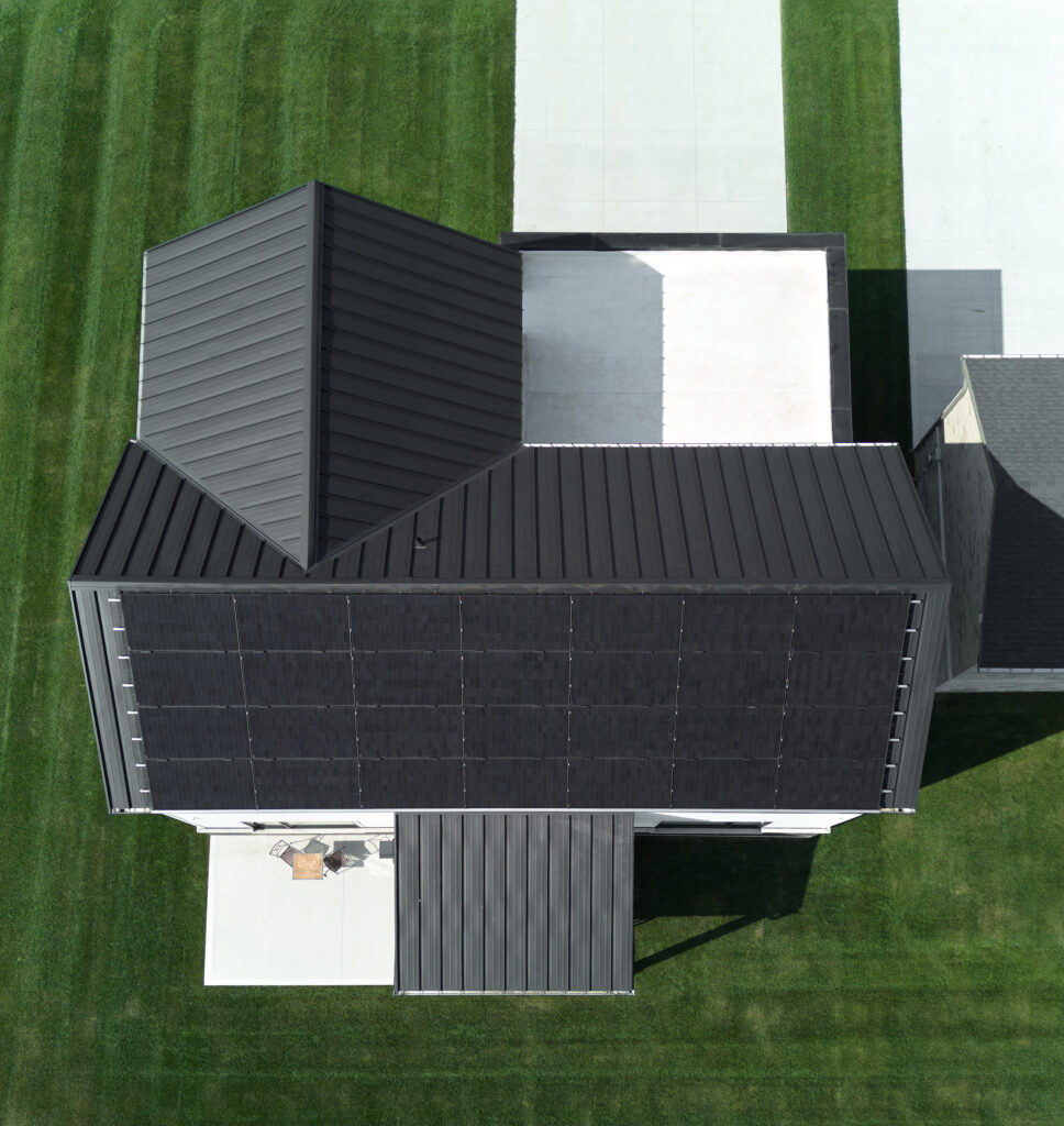 Aerial view of a solar array atop a Net Zero Home by Sinclair Homes